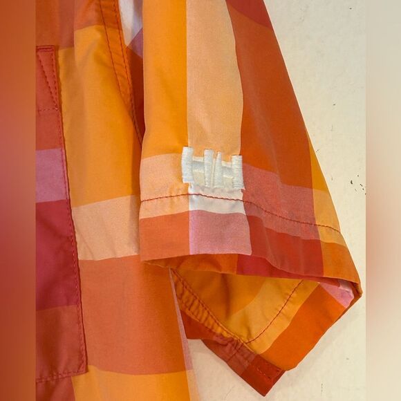 HELLY HANSEN MENS BUTTON FRONT SHIRT XL ORANGE white PLAID CHECK short sleeve - Picture 7 of 13